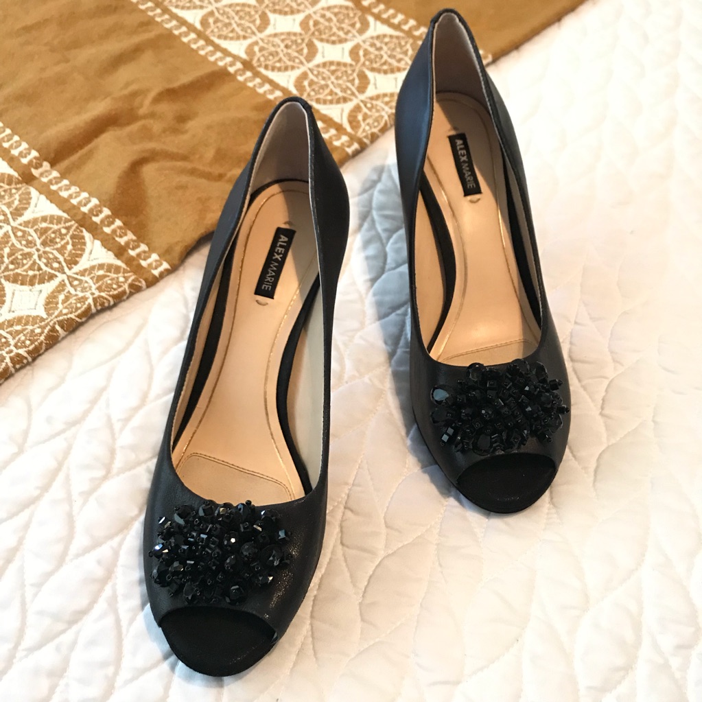 Alex Marie Black Leather Peep Toe Heel Bead Detail